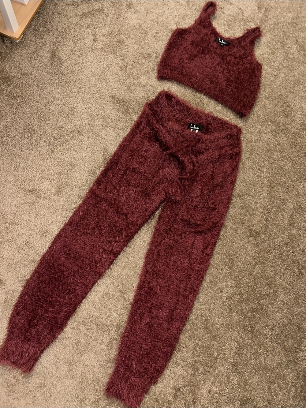 Lulu's Plush Fuzzy Crop Tank & Jogger 2 piece matching Set in Deep Wine
